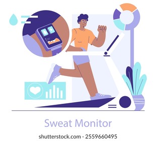 Healthtech concept. A person uses a smartwatch for health monitoring while exercising on a treadmill. Tech advancement in fitness tracking. Vector illustration.