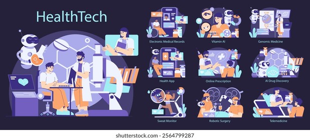 HealthTech concept set. Advancements in digital healthcare technology. Electronic records, AI in medicine, and telemedicine innovation. Vector illustration.