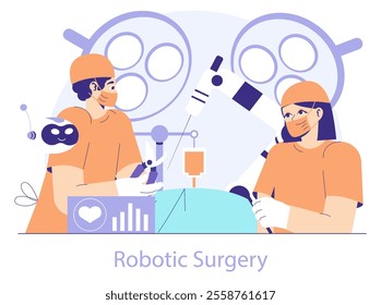 HealthTech concept. Surgeons with advanced robotic equipment performing surgery. Precision medicine and futuristic healthcare innovation. Vector illustration.