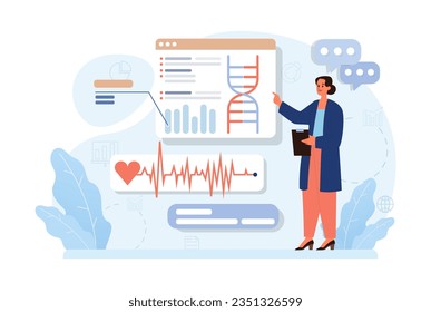 Healthtech. Innovative diagnosis and treatment methodics. Telemedicine, health monitoring, laboratory research. Modern technologies for disease prevention and treatment. Flat vector illustration