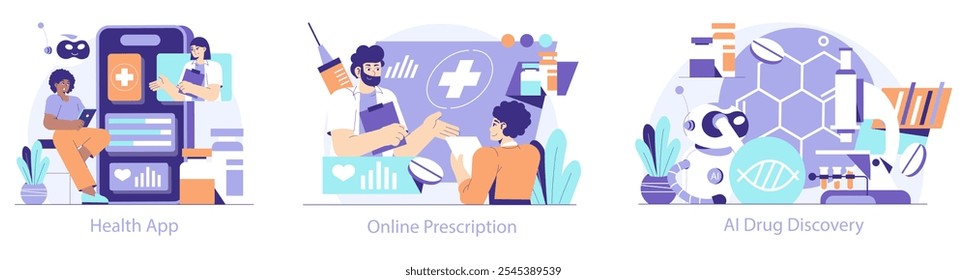 Healthtech set. Digital healthcare advancements with apps, online prescriptions, and AI drug discovery. Patients interacting with modern technology. Vector illustration.