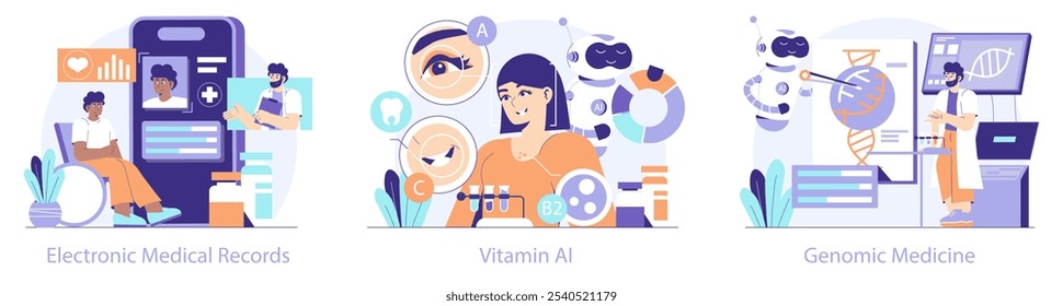 Conjunto Healthtech. Tecnologias emergentes na área da saúde com prontuários eletrônicos, suplementos vitamínicos e medicina genômica. Ilustração vetorial.