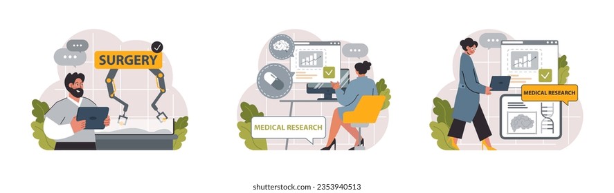 Healthtech set. Innovative diagnosis and treatment methodics. Telemedicine, health monitoring, laboratory research. Modern technologies for disease prevention and treatment. Flat vector illustration