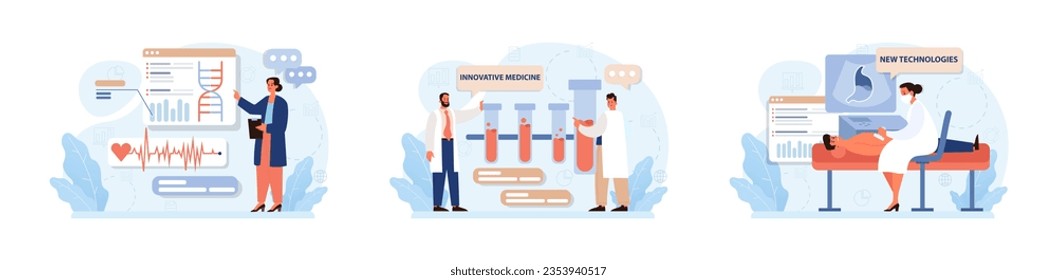 Healthtech set. Innovative diagnosis and treatment methodics. Telemedicine, health monitoring, laboratory research. Modern technologies for disease prevention and treatment. Flat vector illustration