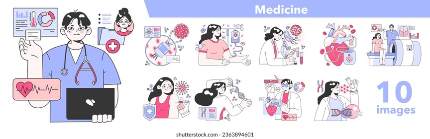 Healthtech set. Innovative diagnosis and treatment methodics. Telemedicine, health monitoring, laboratory research. Modern technologies for disease prevention and treatment. Flat vector illustration