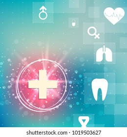 health-technology vector blue background with white medical icons.