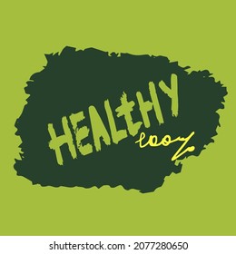 Healthy 100% vector illustration on the green background. Healthy life oriented stickers. Green letters on the green shaped spots. Healthy food, vegan, organic, eco food, natural, 100% natural.