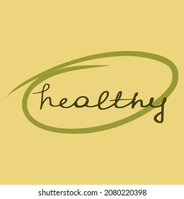 Healthy 100% vector illustration on the beige background. Healthy life oriented stickers. Green letters on the green shaped spots. Healthy food, vegan, organic, eco food, natural, 100% natural.