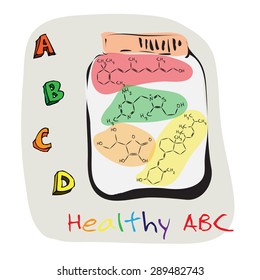 Healthy ABC: Vitamins A, B, C, D. Formula, illustration.