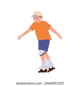 Healthy active boy child cartoon character wearing knee pads riding rollers exercising on street