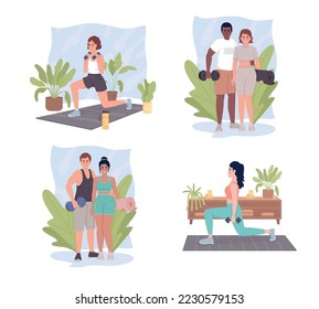 Se establecen ilustraciones aisladas de vectores 2D de estilo de vida activo saludable. Personajes planos de entrenamiento deportivo sobre el fondo de las caricaturas. Colección de escenas coloreadas y editables para móviles, sitios web, presentación