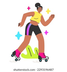 Healthy and active lifestyle. Black female character enjoying being outside, riding on roller skates in the city park. Summer holiday leisure. Flat vector illustration