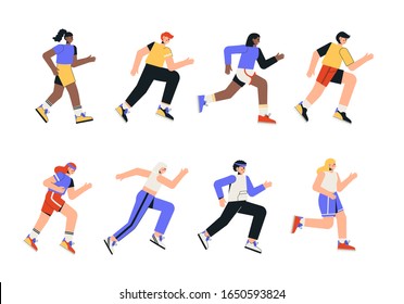 Healthy active lifestyle, city run, training, cardio exercising. Jogging people. Sports competition, outdoor workout or exercise, athletics. Flat style vector illustration on white background.