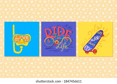 Healthy active lifestyle concept icons set. Travel and recreation idea semi flat illustrations. Ride and enjoy life. Vector isolated design color drawings