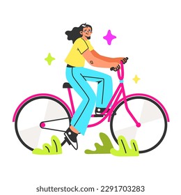 Healthy and active lifestyle. Cute female character enjoying being outside, riding a bike in the city park. Summer break activity, bicycle trip. Flat vector illustration