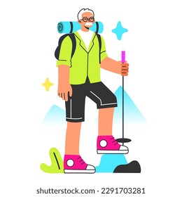 Healthy and active lifestyle. Elder character hiking. Mountain travel with trekking equipment. Senior backpacker exploring nature. Flat vector illustration
