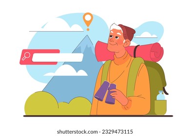 Estilo de vida saludable y activo. Senderismo con personajes mayores. Viajes de montaña con equipo de trekking. Un mochilero senior explorando la naturaleza. Ilustración vectorial plana