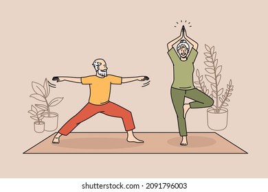 Healthy Active Lifestyle Of Elderly People Concept. Smiling Senior Couple Woman And Man Practicing Yoga On Fitness Mat At Home Together Vector Illustration 