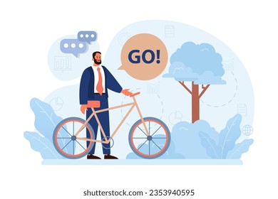 Healthy and active lifestyle. Male character in the suit riding a bike to the office. Modern urban bicycle transportation. Flat vector illustration