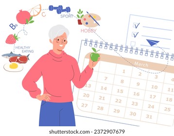 Healthy and active lifestyle for old people. Combination of healthy habits for wellbeing. Daily rituals, sports, nutrition and hobbies. Happy and healthy lifestyle. 