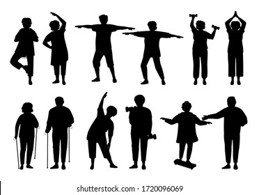 Healthy active lifestyle older people, black flat silhouette set. Sport retiree grandparent. Glyph elderly people doing morning exercises, gymnastics. Monochrome old men and women. Vector illustration