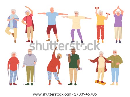 Healthy active lifestyle older people cartoon set. Sport retiree grandparent, incline to side. Elderly people doing morning exercises, gymnastics. Old men and women walking. Vector illustration