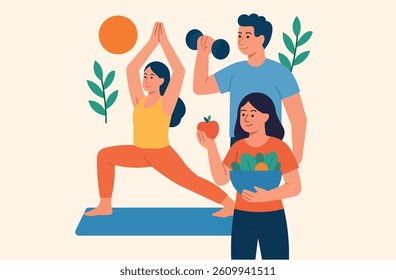 Healthy and active lifestyle. People practicing yoga, lifting weights, and eating healthy food. Wellness, fitness, nutrition, and wellbeing concept.
