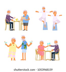 Healthy active lifestyle retiree for grandparents. Elderly people characters.  Grandparents family Seniors isolated on white background Vector illustration eps 10