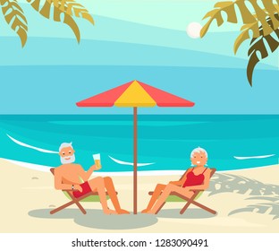 Healthy Active Lifestyle Retiree For Grandparents Family Elderly People Characters On A Loungers Drinks A Beer And Relaxes On A Sea Beach Seniors Isolated On White Background Vector Illustration Eps