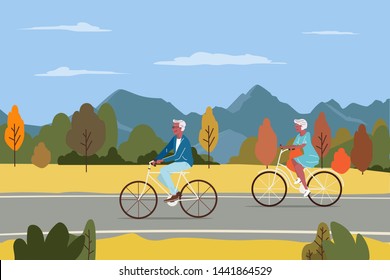 Healthy active lifestyle retiree grandparents. Elderly senior people characters cycling together in the city autumn park cartoon vector illustration.