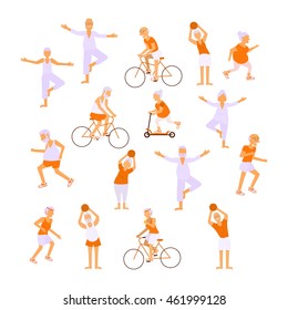 Healthy active lifestyle retiree for grandparents day infographic. Set Elderly people characters doing exercises. Sport for grandparents family Seniors isolated on white background Vector illustration