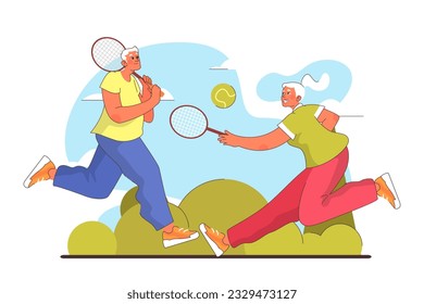 Estilo de vida saludable y activo. Personajes femeninos y masculinos mayores disfrutando de estar fuera, jugando bádminton en el parque de la ciudad. El ocio de verano. Ilustración vectorial plana