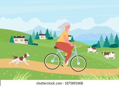 Healthy Active Lifestyle For Senior People Vector Illustration. Cartoon Old Woman Cyclist Character Riding Bicycle Bike, Older Rider Lady Cycling On Rural Road In Summer Village Landscape Background