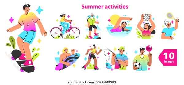 Healthy and active lifestyle set. Diverse characters enjoying being outside, doing sport and relaxing in the city park or resort. Summer leisure. Flat vector illustration