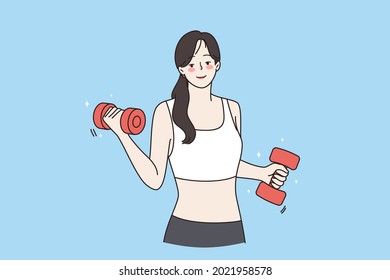 Healthy active lifestyle and sport concept. Young smiling sporty woman cartoon character in sportswear standing holding red dumbbels during workout vector illustration 