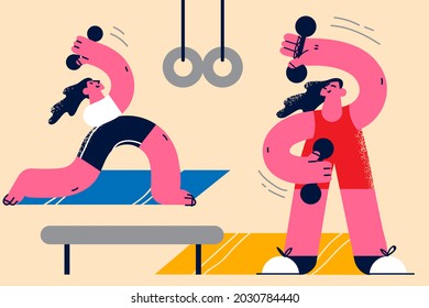 Healthy active lifestyle and sport concept. Young smiling positive girls cartoon characters wearing sportswear doing sport workouts in gym vector illustration 