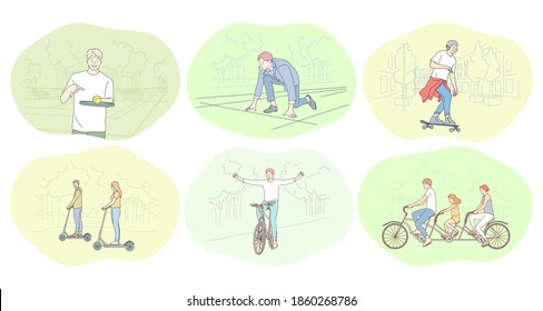 Healthy Active Lifestyle, Sport, Leisure Hobby Concept. Young People Enjoying Playing Tennis, Skateboarding, Riding Bicycle, Scooter And Running Or Jogging. Competition, Marathon, Family Activity 