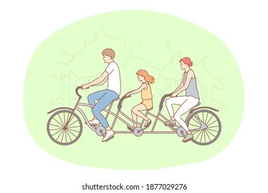 Healthy active lifestyle, sport, leisure hobby concept. Young happy family enjoying riding bicycle together in park on summer illustration. Family activity, entertainment, fitness, fun 