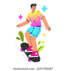 Healthy and active lifestyle. Stylish male characters enjoying being outside, skateboarding in the city park. Teen summer break activity. Flat vector illustration