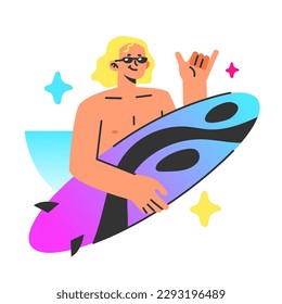 Healthy and active lifestyle. Summer beach sport. Young male character, holding a surfboard, surfing in sea or ocean. Popular extreme recreation or activity. Flat vector illustration