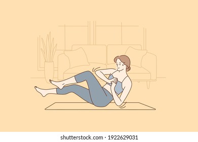 Healthy active lifestyle, training at home concept. Fitness young smiling woman doing twists exercises on fitness mat during morning workout at home feeling energetic vector illustration 