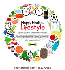 Healthy and active lifestyle vector card. Diet food and sport label with icons and text