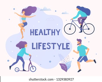 Healthy active lifestyle vector illustration. Different physical activities: running, aerobics, scooter, bicycle.