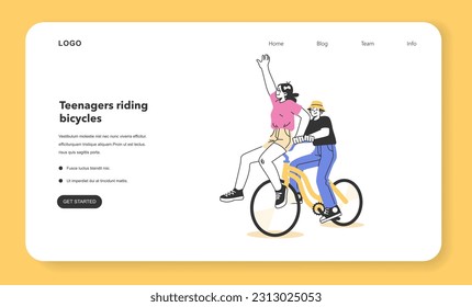 Healthy and active lifestyle web banner or landing page. Young teenage characters hang out outside, riding a bikes together. Summer break activity, bicycle trip with friends. Flat vector illustration