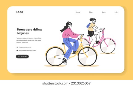 Healthy and active lifestyle web banner or landing page. Young teenage characters hang out outside, riding a bikes together. Summer break activity, bicycle trip with friends. Flat vector illustration