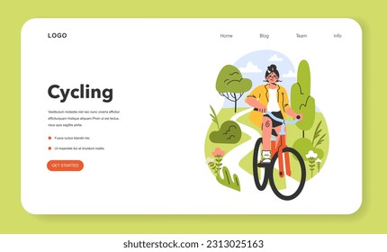 Healthy and active lifestyle web banner or landing page. Young female character enjoying being outside, riding a bike in the city park or countryside. Summer bicycle trip. Flat vector illustration