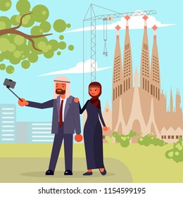 Healthy active lifestyle young family. Arab people characters characters travel. Voyage around Europe and make a photo selfie on Sagrada Familia Spain, Barcelona  view. Vector illustration eps 10