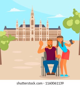 Healthy active lifestyle young family. Disabled man in wheelchair and his wife characters travel. Voyage around Europe and make a photo selfie on city hall in Vienna view. Vector illustration eps 10