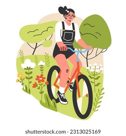 Healthy and active lifestyle. Young female character enjoying being outside, riding a bike in the city park or countryside. Summer break activity, bicycle trip. Flat vector illustration