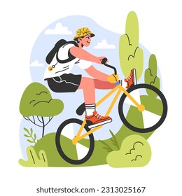 Estilo de vida saludable y activo. Joven personaje masculino disfrutando de estar afuera, montando en bicicleta en el parque de la ciudad o en el campo. Actividad de vacaciones de verano, viaje en bicicleta. Ilustración vectorial plana